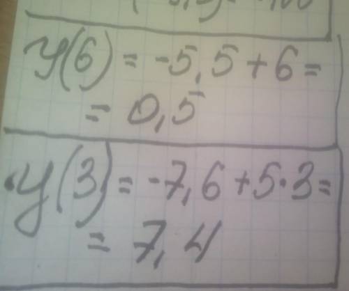 Определи y(6), если y(t)= −5,5+t. Найди значение выражения y=−7,6+5h, если h=3.