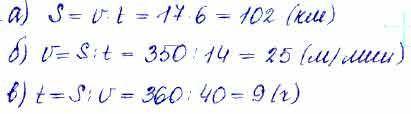 Формула s=v*t а) путь S, если v=17км/ч, t=6 ч б) скорость v , если S =350м, t=14 мин в) время t, есл