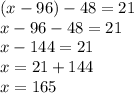 (x - 96) - 48 = 21 \\ x - 96 - 48 = 21 \\ x - 144 = 21 \\ x = 21 + 144 \\ x = 165