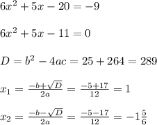 6x^2+5x-20 =-9\\\\6x^2+5x-11=0\\\\D=b^2-4ac = 25+264 = 289\\\\x_1=\frac{-b+\sqrt{D} }{2a} =\frac{-5+17}{12} =1\\\\x_2=\frac{-b-\sqrt{D} }{2a} =\frac{-5-17}{12} =-1\frac{5}{6}