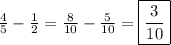 \frac{4}{5} - \frac{1}{2} = \frac{8}{10} - \frac{5}{10} =\boxed{\frac{3}{10} }