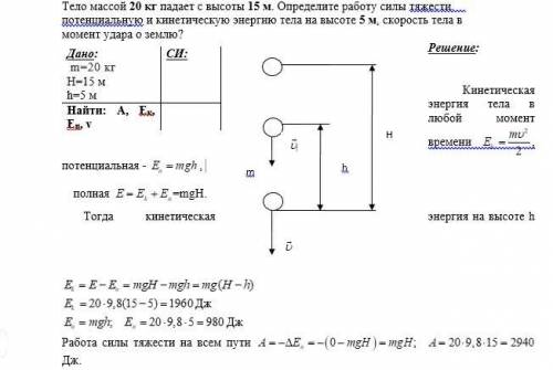 Тело массой 20 кг падает с высоты 15 м. Определите работу силы тяжести, потенциальную и кинетическую