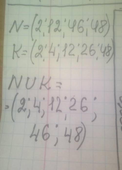 Найдите число элементов объединения множеств N = {2, 12, 46, 48 } и K = {2, 4, 12, 26, 48}
