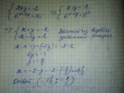 Решить систему уравнений (x + y) = -2, (6^x-5y) = 36