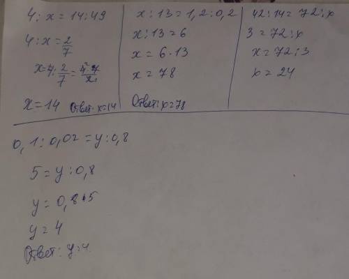 Решите уравнения: 1) 4:=14:49,3) x:13=1,2:0,2;2) 42:14 = 72:х;4) 0,1:0,02=y:08ответ на фотках​