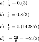 a)\;\;\frac{1}{3}=0.(3)\\\\b)\;\;\frac{5}{6}=0.8(3)\\\\c)\;\;\frac{1}{7}=0.(142857)\\\\d)\;\;-\frac{20}{9}=-2.(2)