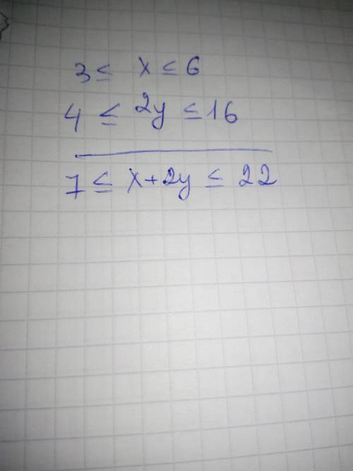 Відомо, що 3⩽ x ⩽ 6; 2⩽ y⩽ 8. Оцініть значення виразу 2y+x. Відповідь запишіть у вигляді a⩽2y+x⩽b, д