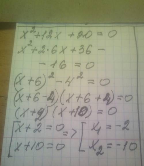 X²+12x+20=0Решите уравнение методом выделения полного квадрата!