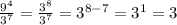 \frac{9 {}^{4} }{3 {}^{7} } = \frac{3 {}^{8} }{3 {}^{7} } = 3 {}^{8 - 7} = 3 {}^{1} = 3