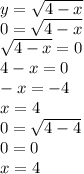 y = \sqrt{4 - x} \\ 0 = \sqrt{4 - x } \\ \sqrt{4 - x} = 0 \\ 4 - x = 0 \\ - x = - 4 \\ x = 4 \\ 0 = \sqrt{4 - 4} \\ 0 = 0 \\ x = 4