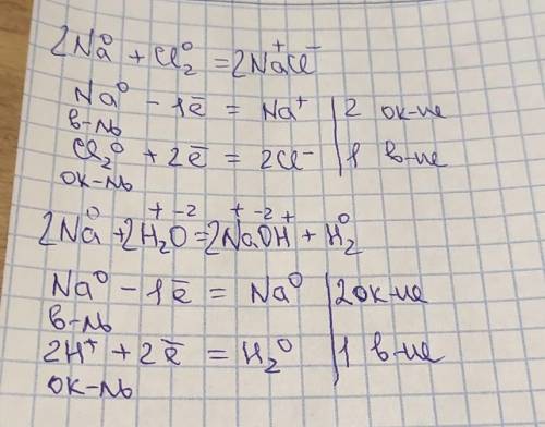 Напишите уравнения реакции взаимодействия натрия с хором, водой. Укажите окислитель и восстановитель