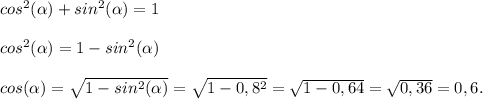 cos^{2} (\alpha )+sin^{2} (\alpha )=1\\\\cos^{2} (\alpha )= 1-sin^{2} (\alpha )\\\\cos (\alpha )= \sqrt{1-sin^{2} (\alpha )} = \sqrt{1-0,8^{2} } =\sqrt{1-0,64} =\sqrt{0,36} =0,6.