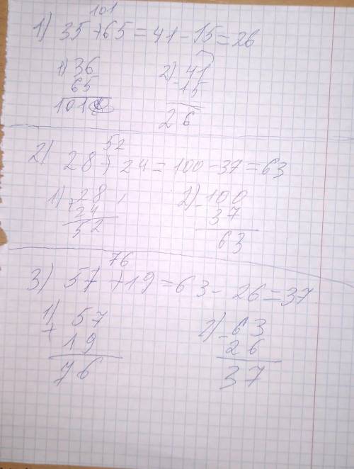 Вычисли Столбиком 35+65=41-15= 28+24=100-37= 57+19=63-26= решите в столбик умоляю в тетради напишите