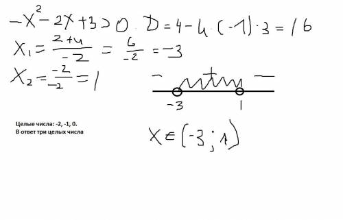 Решите неравенство − x^2 − 2x + 3 > 0 и укажите количество целочисленных решений неравенства