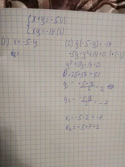 Реши систему уравнений:х+у= -5,ху = -14.​
