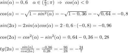 sin(\alpha) = 0,6\ \ \ \alpha \in (\frac{\pi}{2}; \pi ) \ \Rightarrow \ cos(\alpha) < 0\\\\cos(\alpha) = -\sqrt{1-sin^2(\alpha)} = -\sqrt{1-0,36} = - \sqrt{0,64} = -0,8\\\\sin(2\alpha) = 2sin(\alpha)cos(\alpha) = 2\cdot0,6\cdot(-0,8)=-0,96\\\\cos(2\alpha) = cos^2(\alpha) - sin^2(\alpha)=0,64-0,36 = 0,28\\\\tg(2\alpha) = \frac{sin(\alpha)}{cos(2\alpha)} = \frac{-0,96}{0,28} = -\frac{96}{28} = -\frac{24}{7}