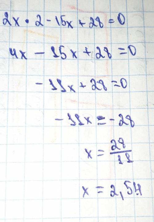 ТЕКСТ ЗАДАНИЯрешите уравнение2х^2-15х +28 = 0с решением фото дас ​