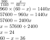 \frac{960}{1440} = \frac{x}{60 - x}\\960 \times (60 - x) = 1440x\\57600 - 960x = 1440x\\57600 = 2400x\\x = 57600 \div 2400\\x = 24\\60 - x = 36