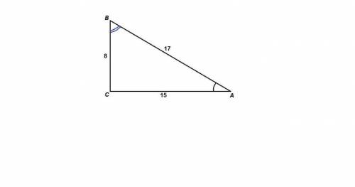 В треугольнике ABC C = 90, AB = 17 cm, BC = 8 cm, AC= 15 cm Найдите значения синуса, косинуса, танг