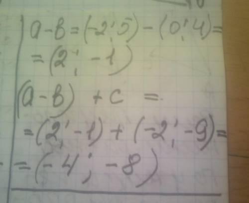 Дано вектори a(-2;5), b(0;4),c(-2;-9).Обчисліть суму векторів a-b і c