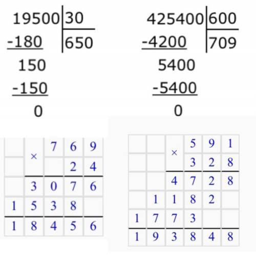 19500:30= 425400:600= 769×24= 591×328= столбиком​