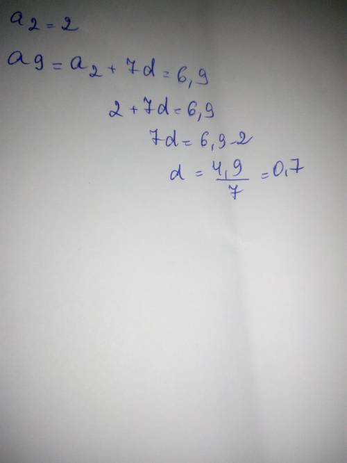 Найдите разность арифметической прогрессии если а2=2,а9=6,9​