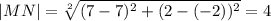 |MN| = \sqrt[2]{(7-7)^{2}+(2-(-2))^{2} } } = 4