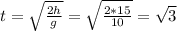 t=\sqrt{\frac{2h}{g} } =\sqrt{\frac{2*15}{10} } =\sqrt{3}