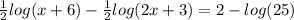 \frac{1}{2} log(x + 6) - \frac{1}{2} log(2x + 3) = 2 - log(25)