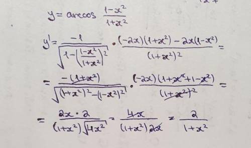 Решите Найдите производную y' , если y=arccos (1-x^2)/(1+x^2)​