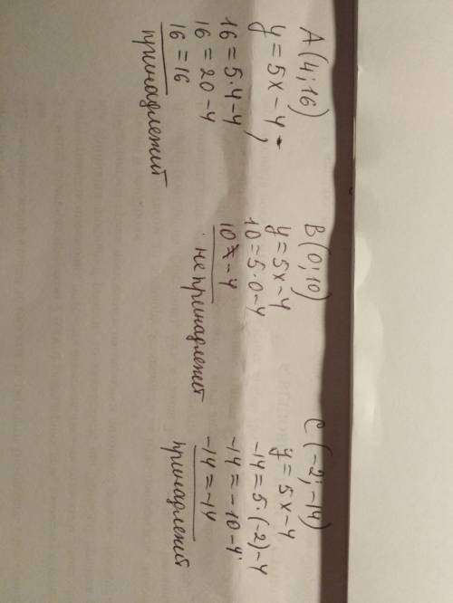 Принадлежат ли точки A(4;16), B(0;10) C(-2;-14) графику функции, заданной формулой y=5x-4​