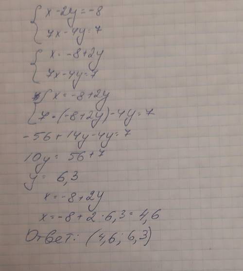 Реши систему уравнений методом подстановки: {x−2y=−8{7x−4y=7можно просто ответ, без объяснении
