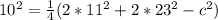 10^2=\frac{1}{4} (2*11^2+2*23^2-c^2)