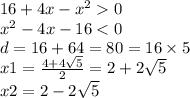 16 + 4x - {x}^{2} 0 \\ {x}^{2} - 4x - 16 < 0 \\ d = 16 + 64 = 80 = 16 \times 5 \\ x1 = \frac{4 + 4 \sqrt{5} }{2} = 2 + 2 \sqrt{5} \\ x2 = 2 - 2 \sqrt{5}