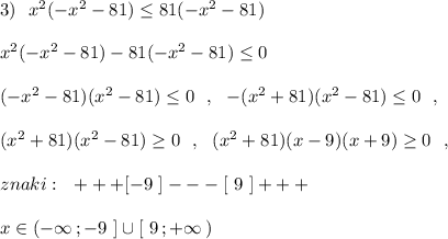 3)\ \ x^2(-x^2-81)\leq 81(-x^2-81)\\\\x^2(-x^2-81)-81(-x^2-81)\leq 0\\\\(-x^2-81)(x^2-81)\leq 0\ \ ,\ \ -(x^2+81)(x^2-81)\leq 0\ \ ,\\\\(x^2+81)(x^2-81)\geq 0\ \ ,\ \ (x^2+81)(x-9)(x+9)\geq 0\ \ ,\\\\znaki:\ \ +++[-9\ ]---[\ 9\ ]+++\\\\x\in (-\infty \, ;-9\ ]\cup [\ 9\, ;+\infty \, )