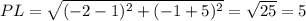 PL=\sqrt{(-2-1)^{2}+(-1+5)^{2}}=\sqrt{25}=5 }