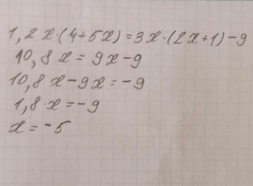 1.2x(4+5x)=3x(2x+1)-9 Решите данное уравнение​