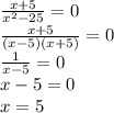 \frac{x + 5}{ {x}^{2} - 25} = 0 \\ \frac{x + 5}{(x - 5)(x + 5)} = 0 \\ \frac{1}{x - 5} = 0 \\ x - 5 = 0 \\ x = 5