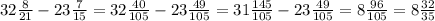 32 \frac{8}{21} - 23 \frac{7}{15} = 32 \frac{40}{105} - 23 \frac{49}{105} = 31 \frac{145}{105} - 23 \frac{49}{105} = 8 \frac{96}{105} = 8 \frac{32}{35}