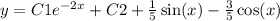 y = C1 {e}^{ - 2x} + C2 + \frac{1}{5} \sin(x) - \frac{3}{5} \cos(x)