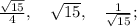 \frac{\sqrt{15}}{4}, \quad \sqrt{15}, \quad \frac{1}{\sqrt{15}};