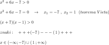 x^2+6x-70\\\\x^2+6x-7=0\ \ \ \to \ \ \ x_1=-7\ ,\ x_2=1\ \ (teorema\ Vieta)\\\\(x+7)(x-1)0\\\\znaki:\ \ \ +++(-7\, )---(\, 1\, )+++\\\\x\in (-\infty ;-7)\cup (\, 1\, ;+\infty )