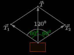 К крючкам двух динамометров, образующих между собой угол 120°, привязаны концы бечёвки, на которой в