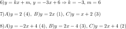6) y = kx+m,\, y =-3x+6\Rightarrow k = -3, \, m = 6\\\\7) A) y = 2\ (4),\ B) y = 2x\ (1),\, C) y = x+2\ (3)\\\\8) A) y = -2x+4\ (4),\,B) y = 2x-4\ (3),\,C)y = 2x+4\ (2)