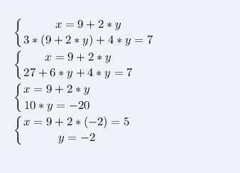 Решите систему уравнений методом подстановки:(х-2у=9(3х+4у=7​