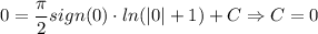 0=\dfrac{\pi}{2} sign(0)\cdot ln(|0|+1)+C\Rightarrow C=0