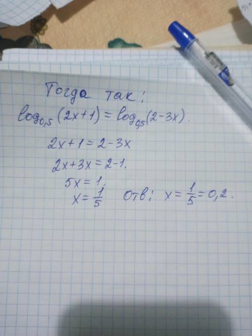 Log(0,5)(2x+1)=log(0,5)(2-3x) решить неравенство ​