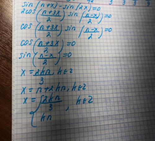 Решить уравнение sin(п+x)-sin2x=0