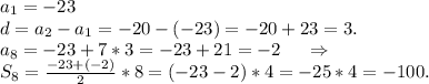 a_1=-23\\d=a_2-a_1=-20-(-23)=-20+23=3.\\a_8=-23+7*3=-23+21=-2 \ \ \ \ \Rightarrow\\S_8=\frac{-23+(-2)}{2}*8=(-23-2)*4=-25*4=-100.