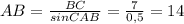 AB =\frac{BC}{sinCAB}=\frac{7}{0,5} = 14